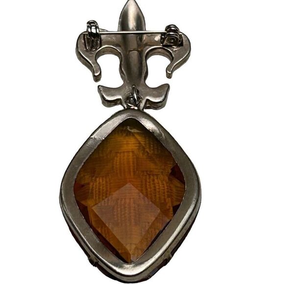 Vtg Fleur De Lis Glass Crystal Brooch Large Amber Colored Glass Stone Silvertone - Picture 3 of 7